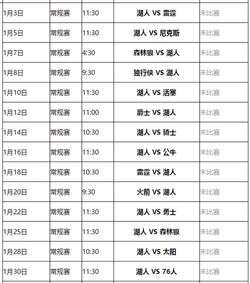 nba湖人赛程表和时间表